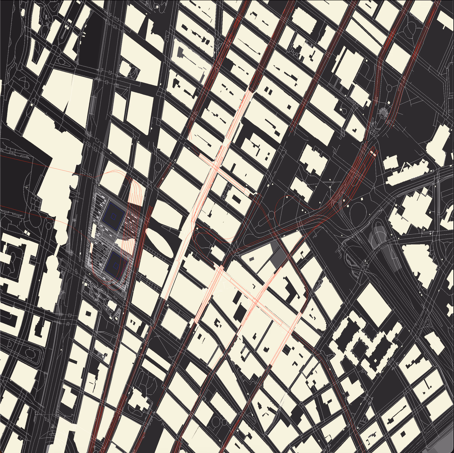 Close-up view of Manhattan streets with pathfinding visualization